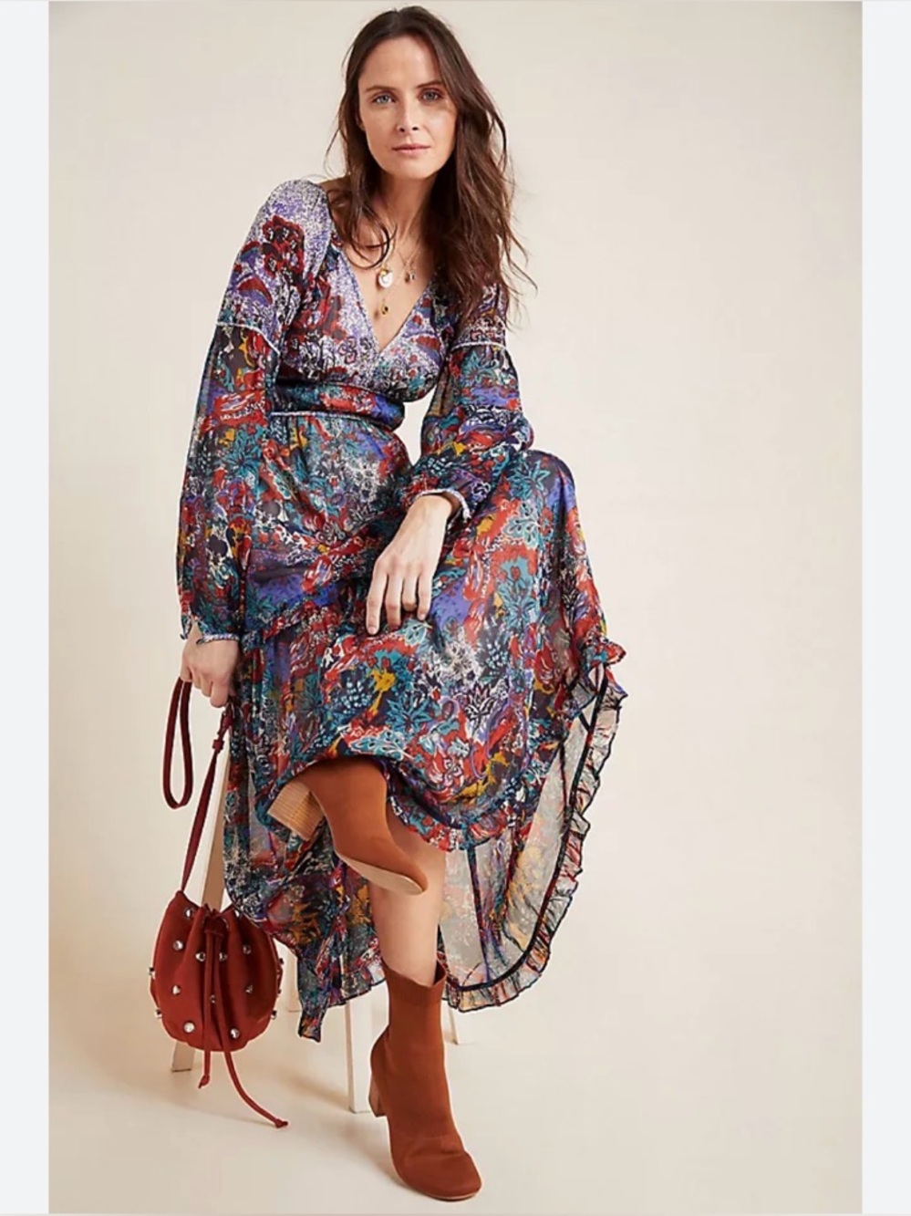 Anthropologie Maeve Annabella Floral Maxi Dress Boho Tiered Size 6